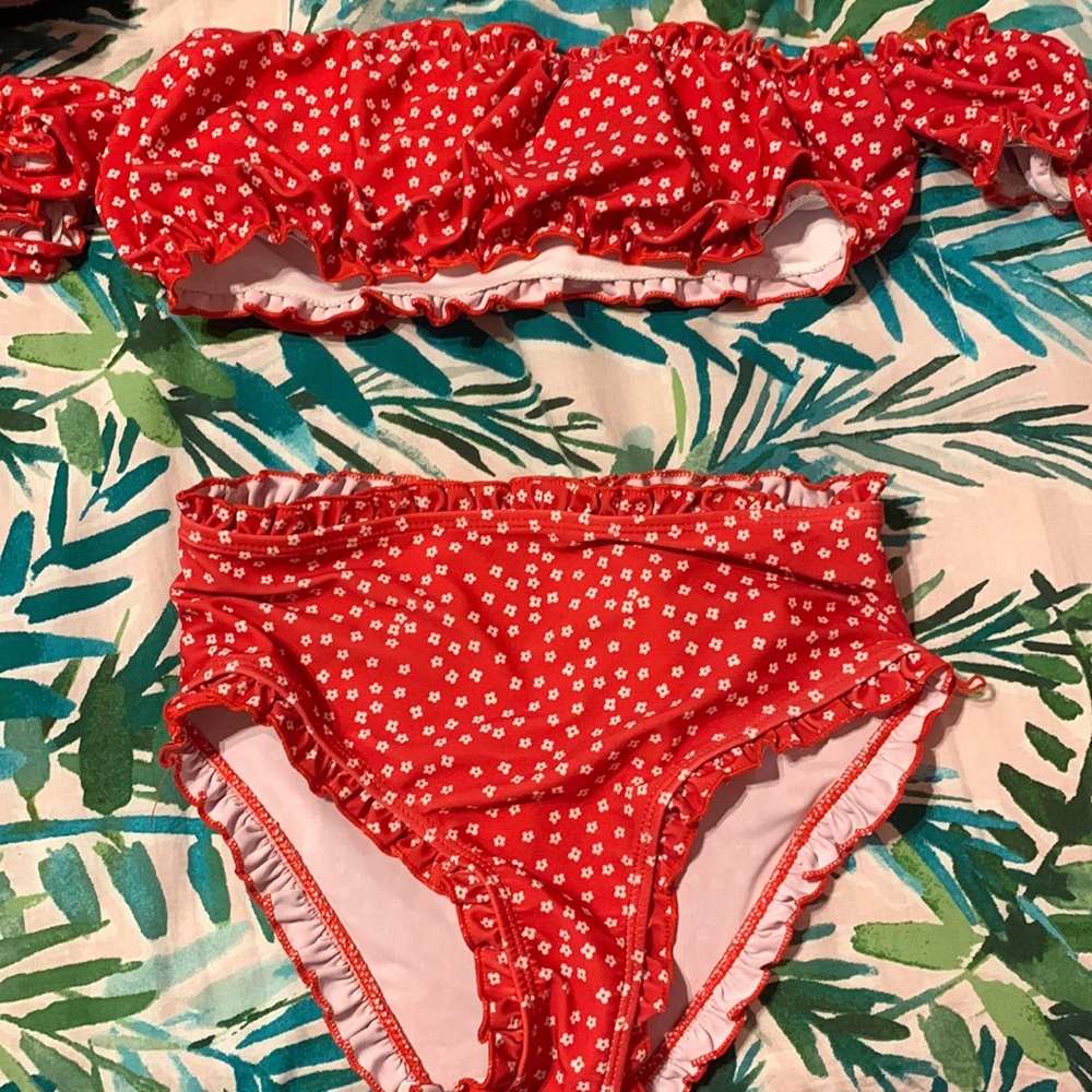 off the shoulder red swimsuit